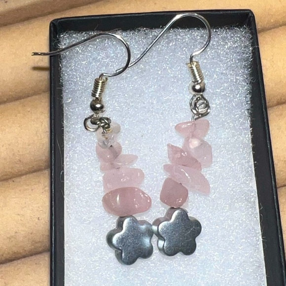 Vintage Pink Rose Quartz Silver Star Pendant Dangle Earrings - Picture 2 of 7